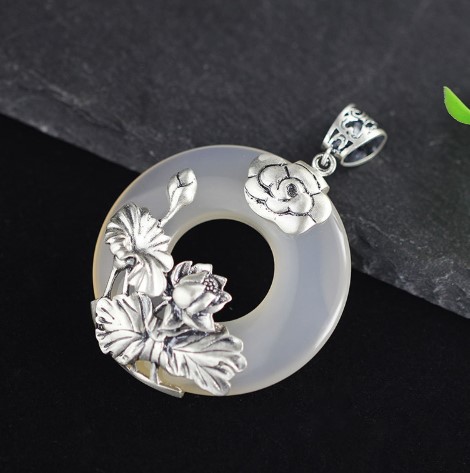 Natural Jade Floral Hoop Pendant