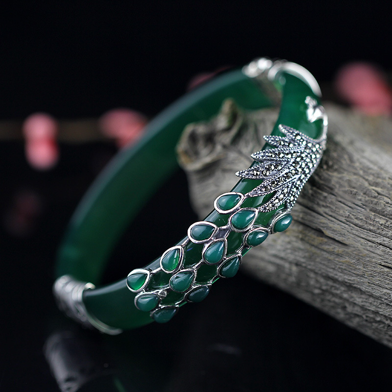 Peacock Natural Jade Bangle Bracelet - Image 2